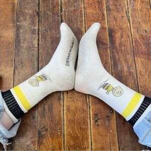 Beige Crew Socks with Yellow Stripe and Character Accent